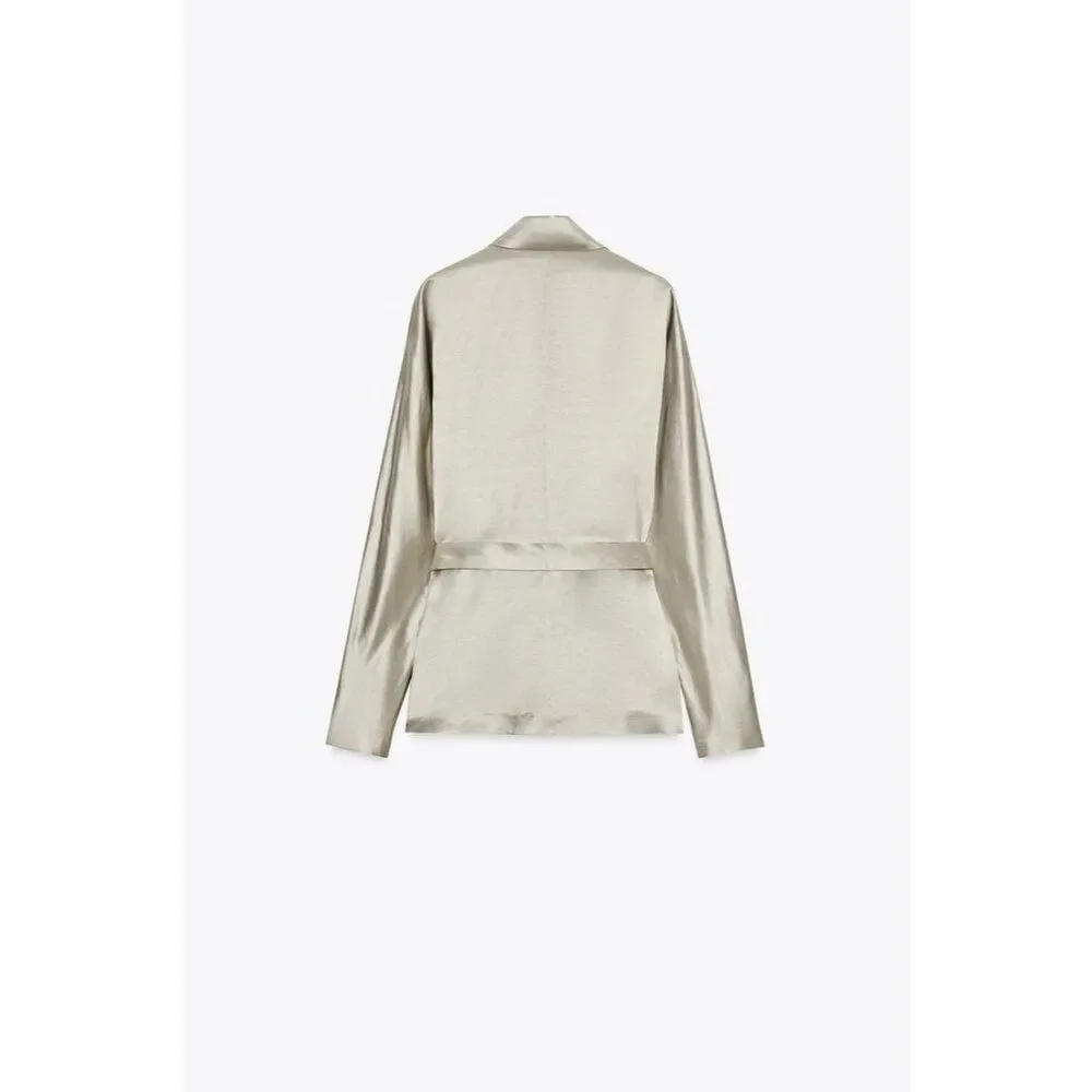 Zara Womens Satin Effect Blazer Jacket Belted XS Stone Limited Ed 8404/676 NWT